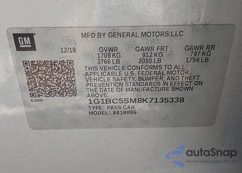 2019 Chevrolet Cruze Ls z USA, uszkodzony, nr VIN 1G1BC5SM8K7135338